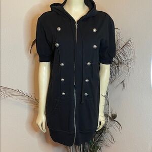 Weavers Black zip up Hoodie Top with Silver Accents tunic / mini dress length